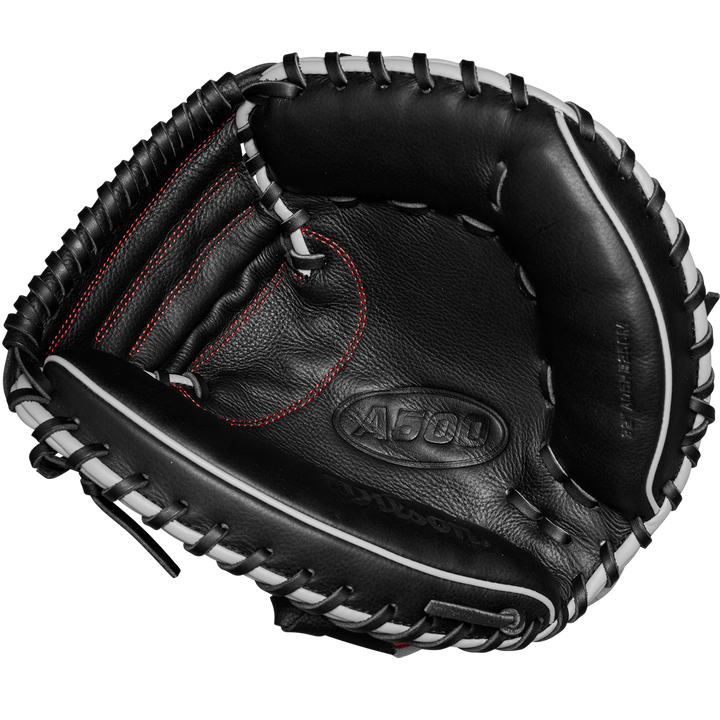 The Wilson A500 32" Baseball Catcher's Mitt (WBW10254632) is a black leather mitt with white laces and red stitching, featuring the Wilson brand and model number embossed on the palm.
