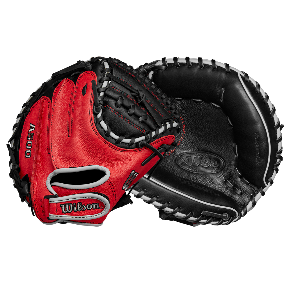 The Wilson A500 32" Baseball Catcher's Mitt: WBW10254632 is a youth catcher's mitt in red and black leather, shown from palm and back with visible stitching and the Wilson logo on the wrist strap.