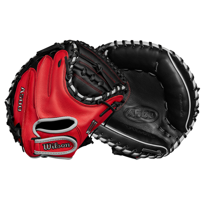 The Wilson A500 32" Baseball Catcher's Mitt: WBW10254632 is a youth catcher's mitt in red and black leather, shown from palm and back with visible stitching and the Wilson logo on the wrist strap.