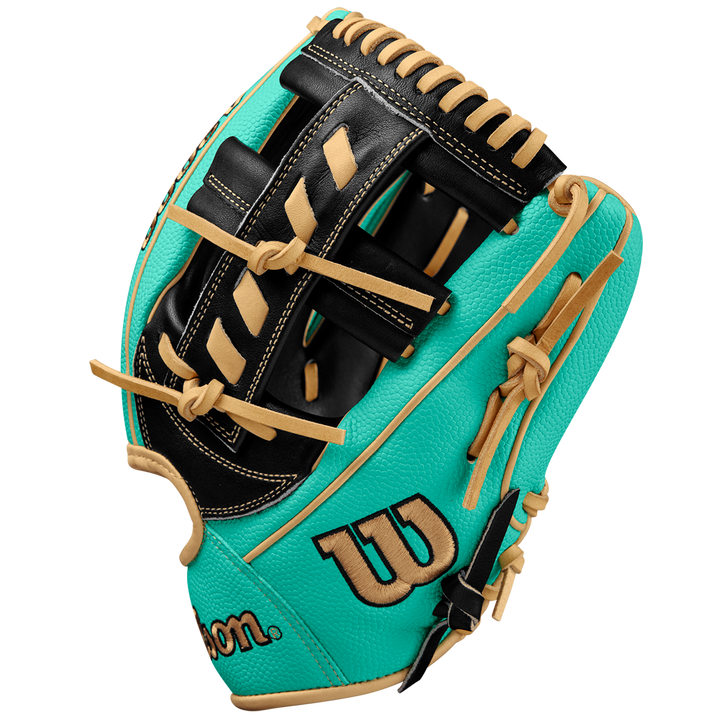 The Wilson A2000 1716SS 11.5" Baseball Glove (SPRING 2025: WBW102547115) by Wilson features a teal and black design with tan laces, Pro Stock leather, and a black-and-gold embroidered Wilson logo on the side.