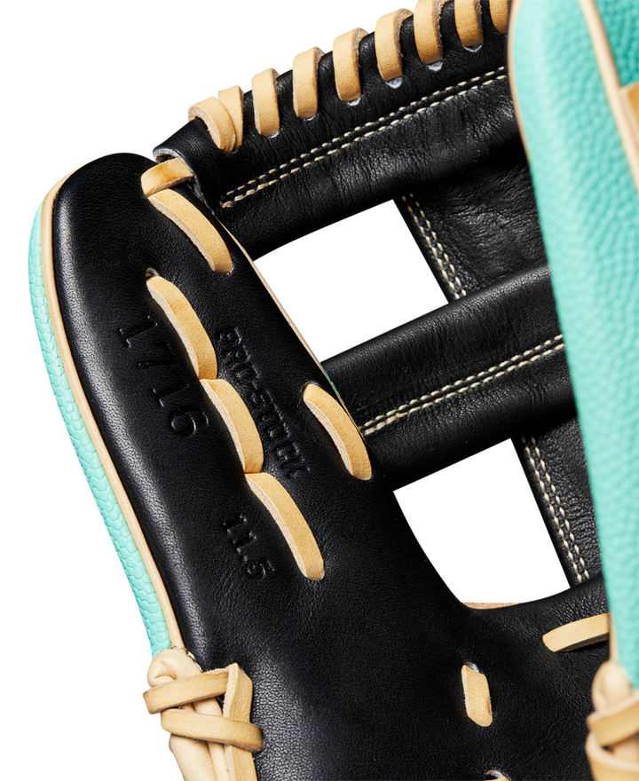 Close-up of the Wilson A2000 1716SS 11.5" Baseball Glove (WBW102547115), featuring Pro Stock leather, tan laces, teal accents, and visible detailed stitching with embossed "1776" on the palm. Brand: Wilson. SPRING 2025 release.