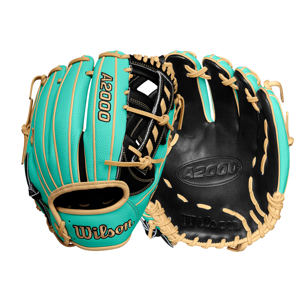 Two Wilson A2000 1716SS 11.5" baseball gloves (Spring 2025: WBW102547115) in teal with tan lacing and black interiors, made from Pro Stock leather, are displayed from the back and palm sides against a white background.