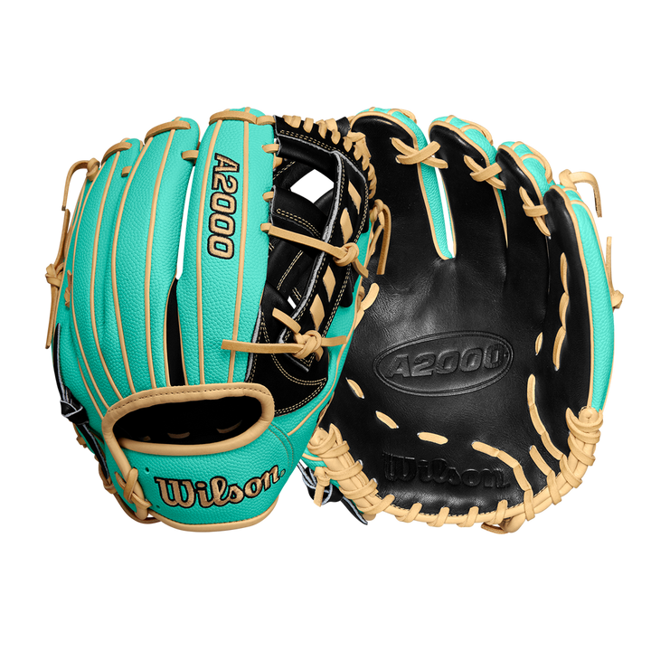 Two Wilson A2000 1716SS 11.5" baseball gloves (Spring 2025: WBW102547115) in teal with tan lacing and black interiors, made from Pro Stock leather, are displayed from the back and palm sides against a white background.