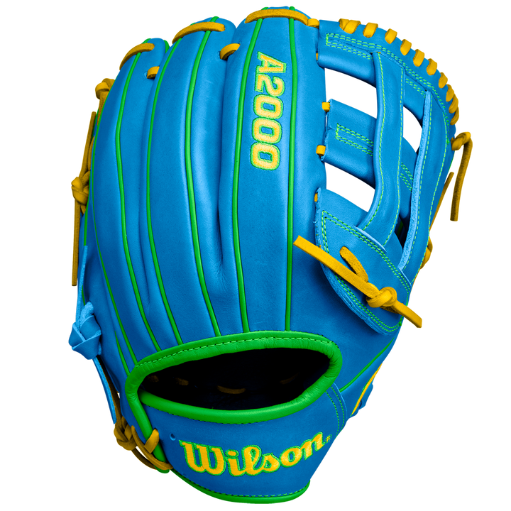 The Wilson A2000 PP05 11.5" Baseball Glove (SPRING 2025: WBW102548115) features bright blue Pro Stock® leather with yellow and green accents, including yellow laces and embroidered branding, shown against a white background.