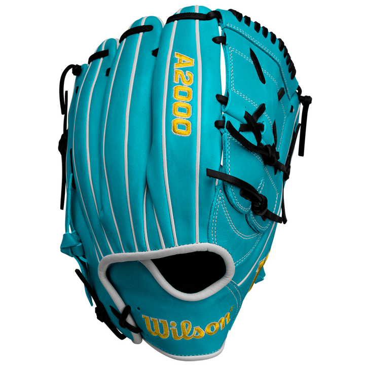 The Wilson A2000 SA17 12" Baseball Glove (SPRING 2025: WBW10255012) is a blue glove designed for pitchers with yellow text, crafted from premium Pro Stock® leather.
