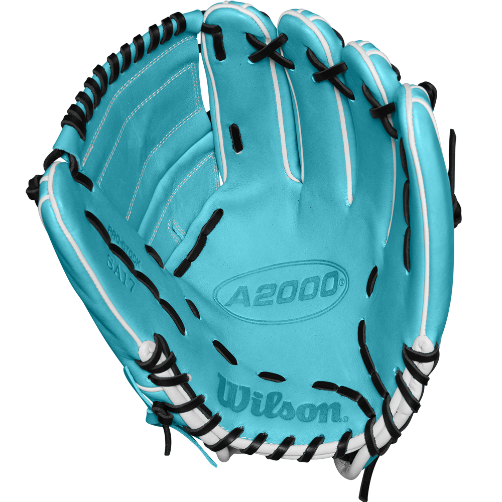 The Wilson A2000 SA17 12" Baseball Glove (SPRING 2025: WBW10255012) by Wilson, in turquoise with black laces and white trim, is shown open against a white background, displaying its palm and finger slots.