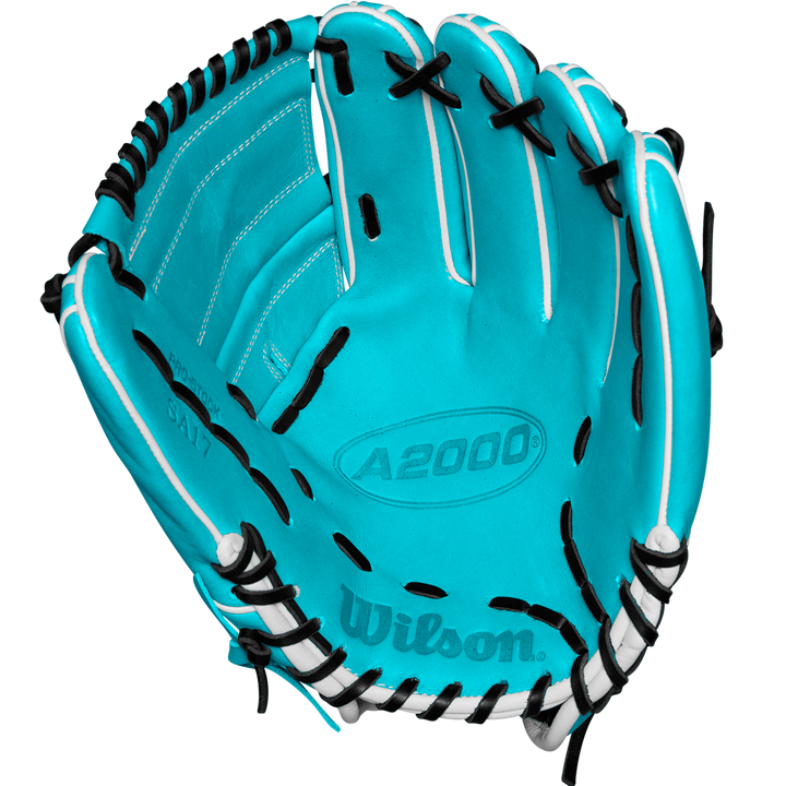 The Wilson A2000 SA17 12" Baseball Glove (SPRING 2025: WBW10255012) by Wilson, in turquoise with black laces and white trim, is shown open against a white background, displaying its palm and finger slots.