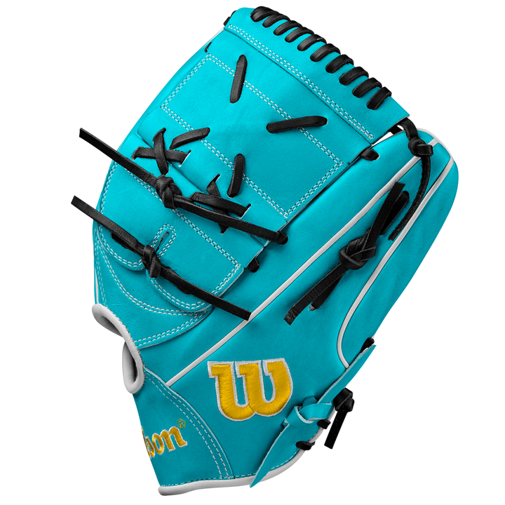 The Wilson A2000 SA17 12" Baseball Glove features turquoise Pro Stock® leather, black laces, white accents, and a yellow W logo. Detailed stitching and a modern design stand out against a plain white background. Model: WBW10255012.