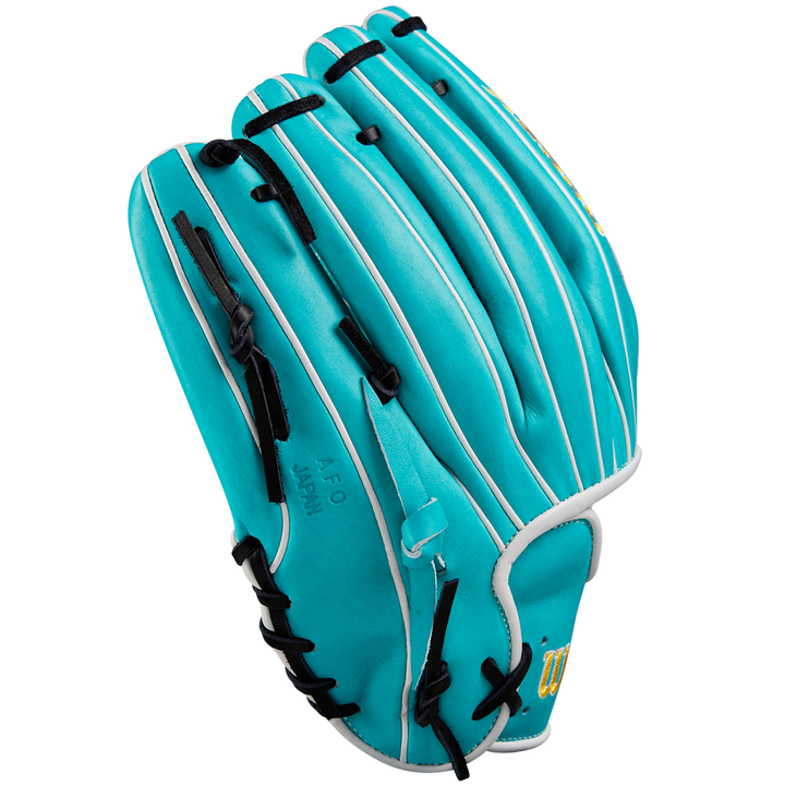 The Wilson A2000 SA17 12" Baseball Glove in turquoise with black laces and white trim, crafted from Pro Stock® leather, is displayed on a light gray background.