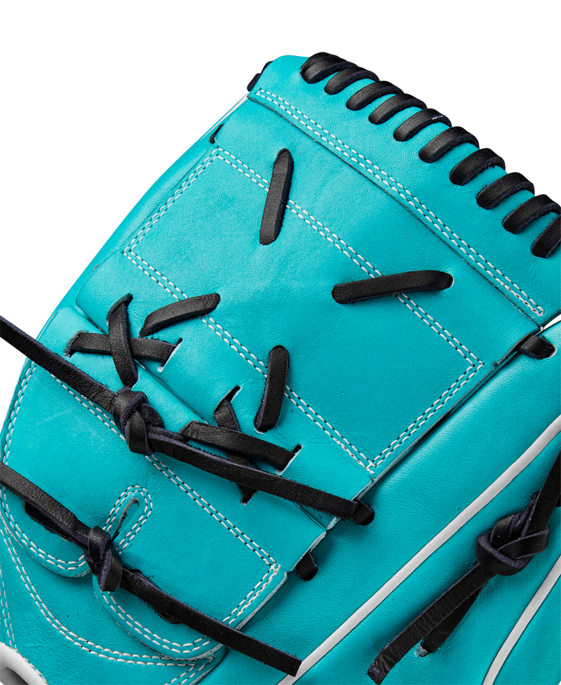 Close-up of the Wilson A2000 SA17 12" Baseball Glove (SPRING 2025: WBW10255012) in turquoise with black laces and white stitching, made from premium Pro Stock® leather and showcasing detailed craftsmanship.