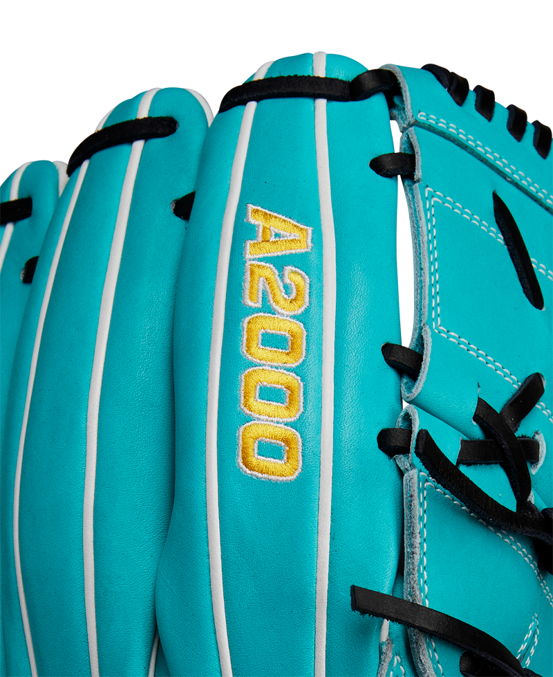 Close-up of the Wilson A2000 SA17 12" Baseball Glove featuring turquoise Pro Stock® leather, white stripes, black laces, and yellow A2000 embroidery. Model WBW10255012, SPRING 2025.