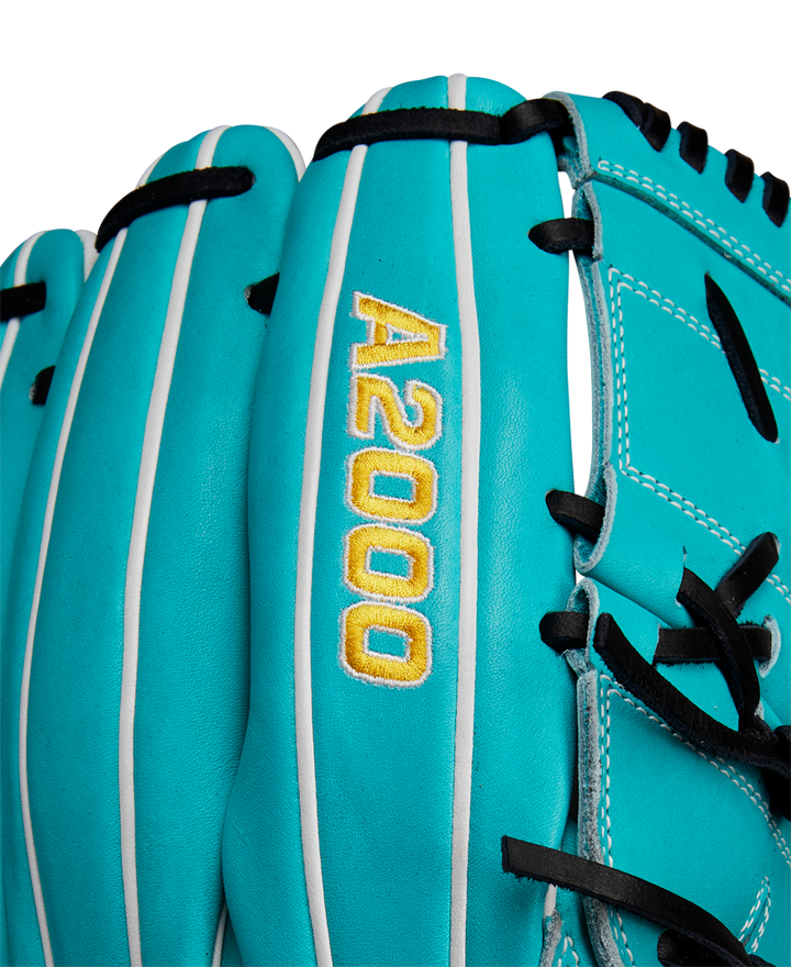 Close-up of the Wilson A2000 SA17 12" Baseball Glove featuring turquoise Pro Stock® leather, white stripes, black laces, and yellow A2000 embroidery. Model WBW10255012, SPRING 2025.