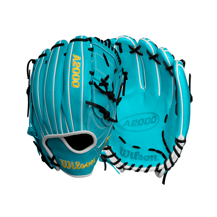 Two Wilson A2000 SA17 12" baseball gloves (Spring 2025, WBW10255012) in turquoise with black laces and yellow lettering are displayed—one palm up, one back up—against a white background. Made from Pro Stock® leather.