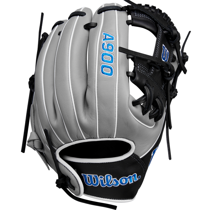 The Wilson A900 PF1125 11.25" Baseball Glove (WBW1025691125) features a grey and black design with black laces and blue embroidered lettering, shown against a white background.