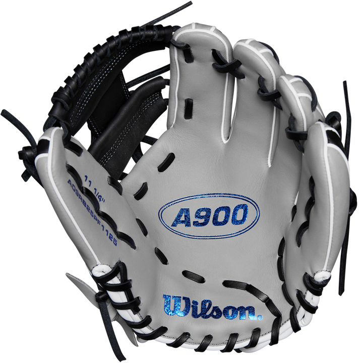 A close-up of the Wilson A900 PF1125 11.25" Baseball Glove (WBW1025691125), designed with the Pedroia Fit by Wilson for smaller hands.
