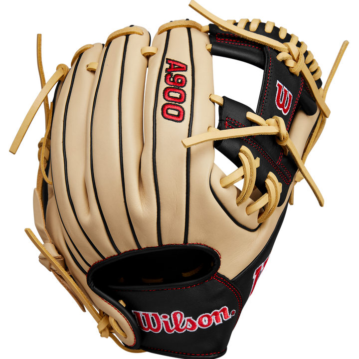 The Wilson A900 PF115 11.5" Baseball Glove (WBW102570115) features a tan and black design with yellow laces, red stitching, and the Wilson logo on the thumb and wrist.