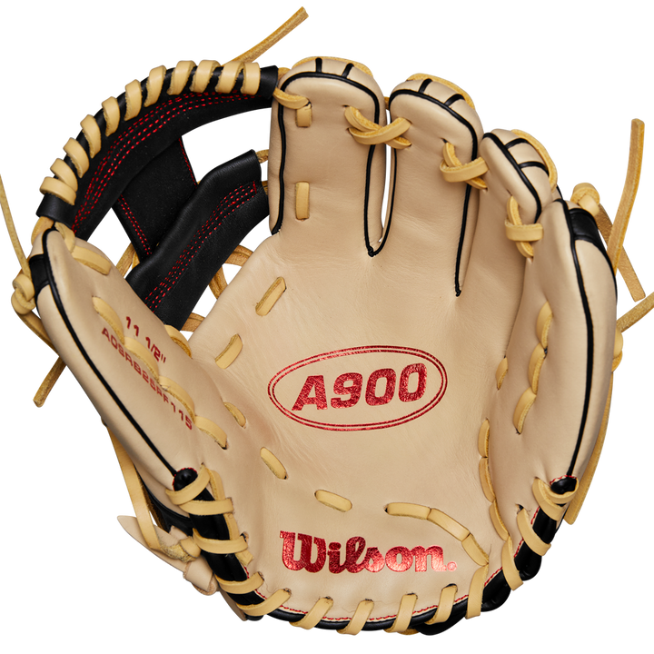 The Wilson A900 PF115 11.5" Baseball Glove (WBW102570115) features Pedroia Fit and is ideal for infield play, shown against a white background.