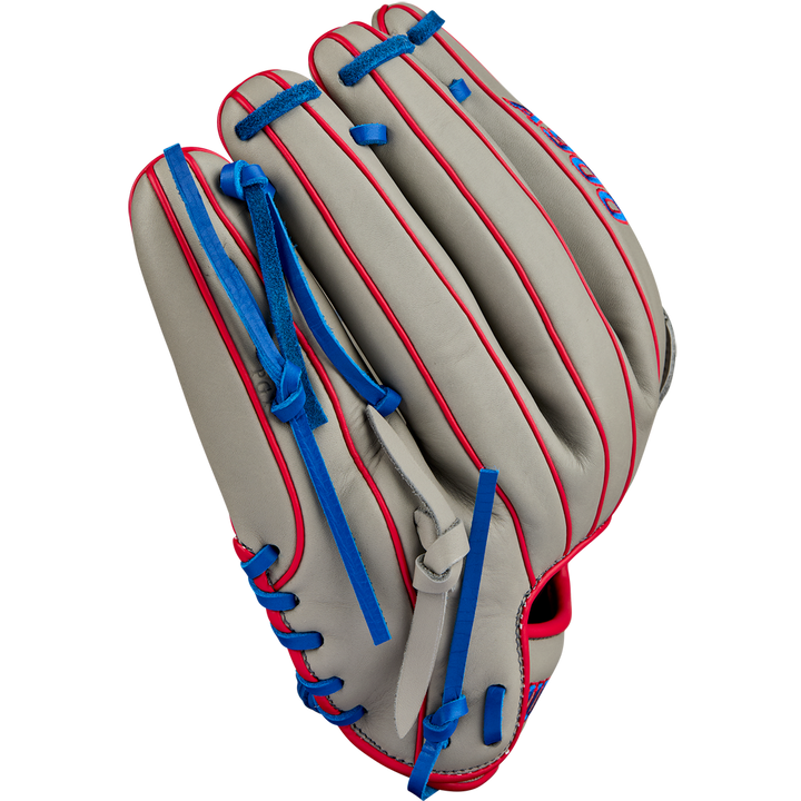The Wilson A900 PF12 12" Baseball Glove (WBW10257112) by Wilson is gray with blue laces and red trim, shown against a plain white background.