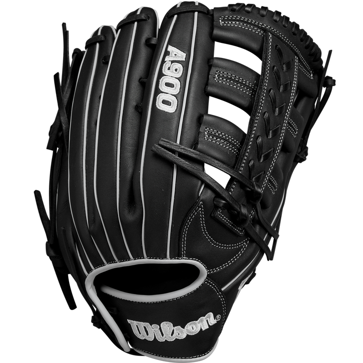 The Wilson A900 PF1892 12.25" Baseball Glove (WBW1025721225) is a black youth glove with white stitching, an open web design, and visible Wilson branding on the palm and thumb.