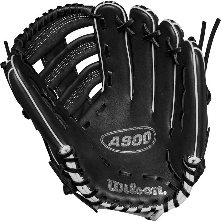The Wilson A900 PF1892 12.25" Baseball Glove (WBW1025721225) by Wilson is shown open, highlighting its black design with white stitching and laces, and detailed palm and webbing.