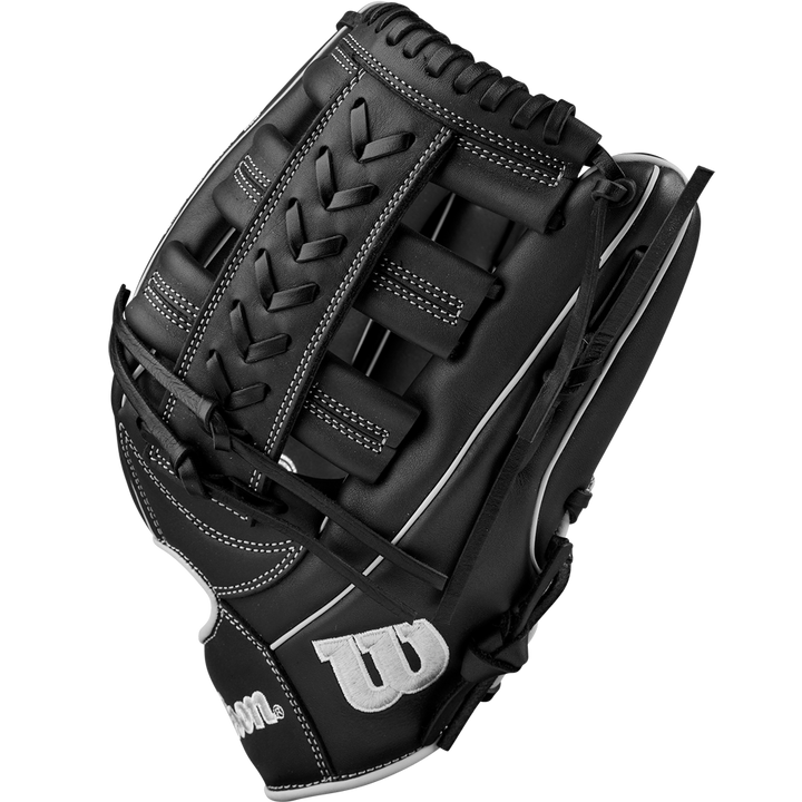 The Wilson A900 PF1892 12.25" Baseball Glove (WBW1025721225) is a black leather outfield glove with white stitching and laces, featuring the Wilson logo in white on the wrist area.