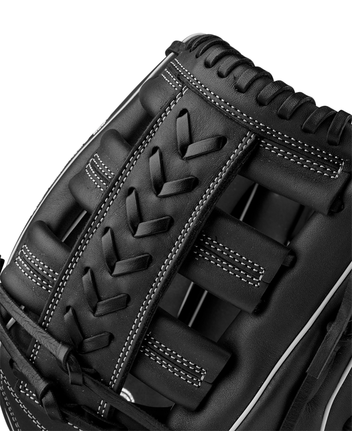 Close-up of the Wilson A900 PF1892 12.25" Baseball Glove (WBW1025721225) by Wilson, in black with white stitching, showcasing detailed lacing and padded webbing.