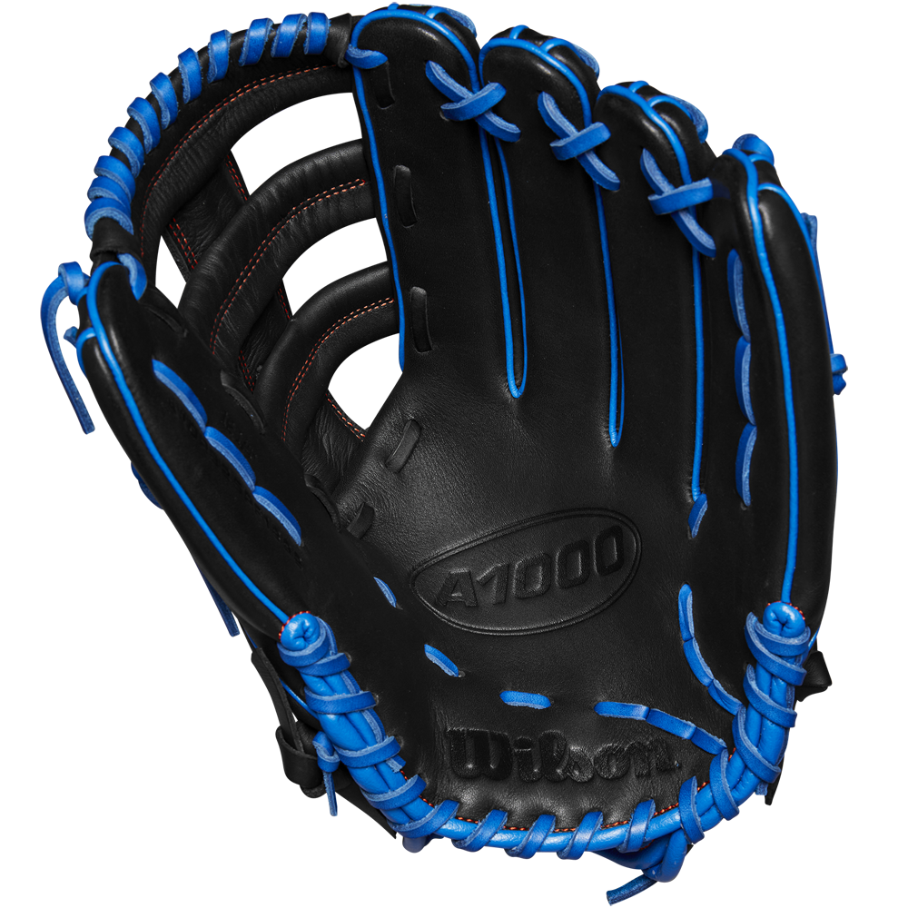 A Wilson A1000 PF1892 12.25" Baseball Glove (WBW1025831225) in black with bright blue laces and red stitching, made from Full Grain leather, is displayed open to show the palm and webbing against a white background.