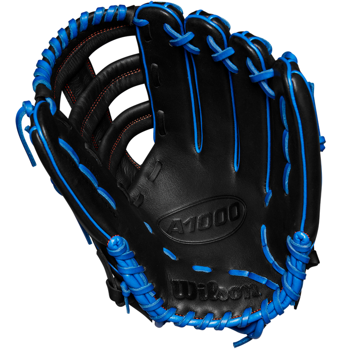 A Wilson A1000 PF1892 12.25" Baseball Glove (WBW1025831225) in black with bright blue laces and red stitching, made from Full Grain leather, is displayed open to show the palm and webbing against a white background.