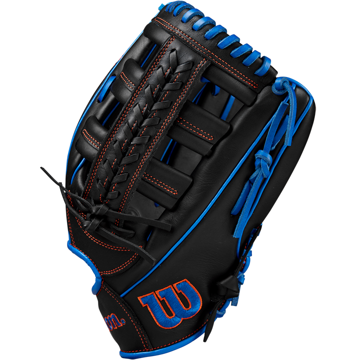 The Wilson A1000 PF1892 12.25" Baseball Glove (WBW1025831225) features a black Full Grain leather build, blue laces, red stitching, an open web pattern, and Wilson’s logo in red and blue on the thumb.