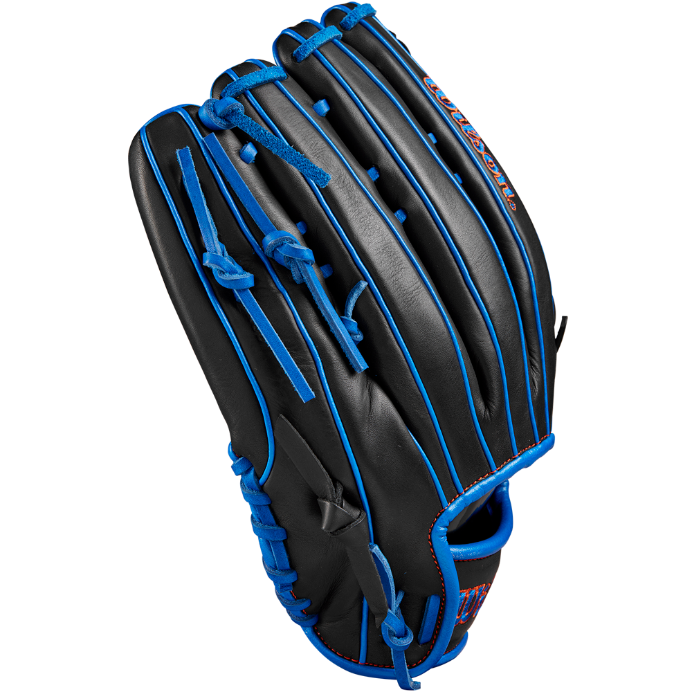 The Wilson A1000 PF1892 12.25" baseball glove by Wilson is shown in black Full Grain leather with blue laces, blue accents, and red stitched branding on the thumb, set against a plain white background.
