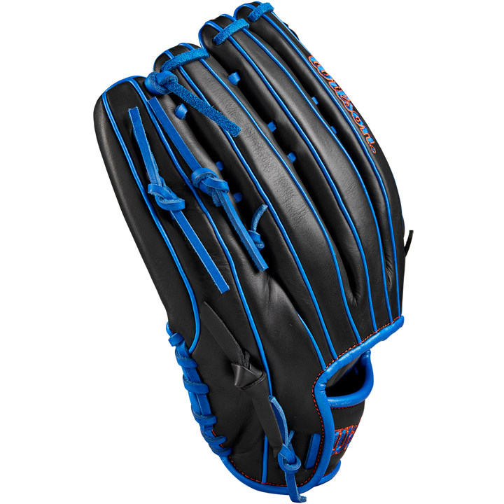 The Wilson A1000 PF1892 12.25" baseball glove by Wilson is shown in black Full Grain leather with blue laces, blue accents, and red stitched branding on the thumb, set against a plain white background.