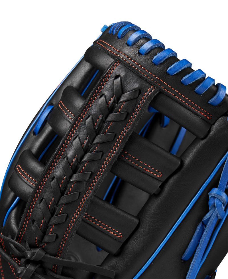Close-up of a Wilson A1000 PF1892 12.25" Baseball Glove (WBW1025831225) with red stitching and blue laces, featuring Full Grain leather weaving and Wilson’s exceptional craftsmanship.