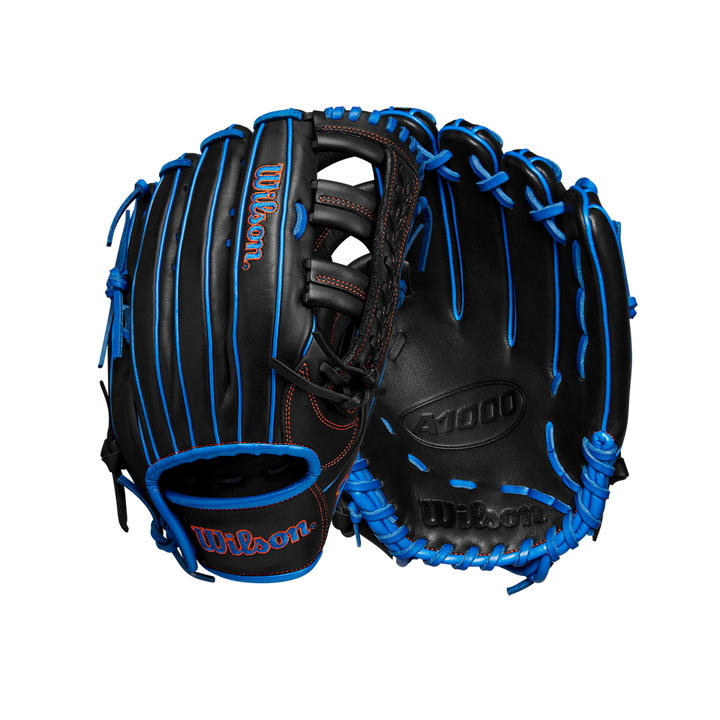 The Wilson A1000 PF1892 12.25" Baseball Glove (WBW1025831225) features a sleek black and blue design with durable Full Grain leather, offering both quality and style for outfield players.