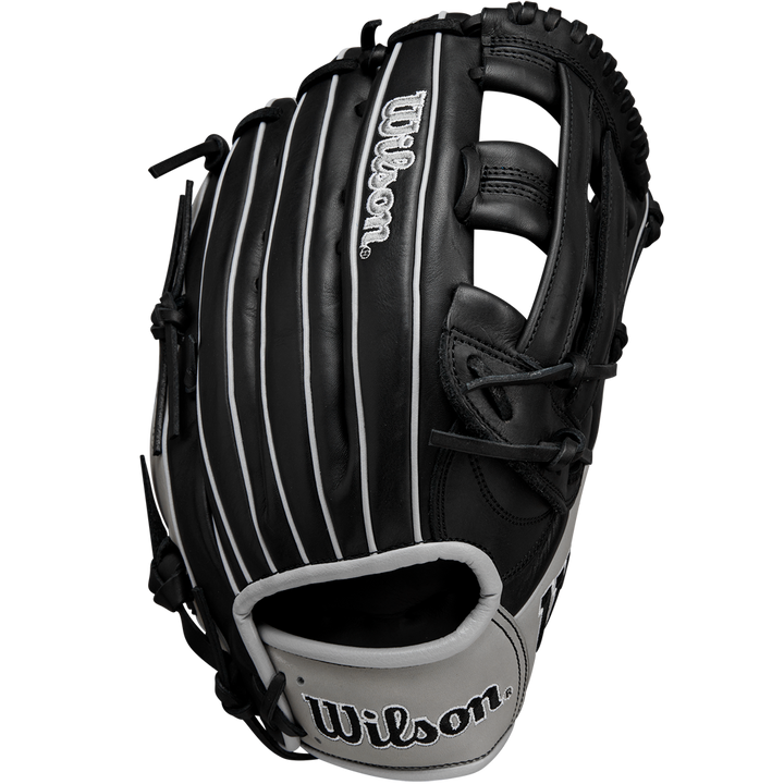 The Wilson A1000 1750 12.5" Baseball Glove (WBW102585125) is a black outfield glove with white stitching, gray trim, the Wilson logo on the wrist strap, and crafted from durable Full Grain leather.