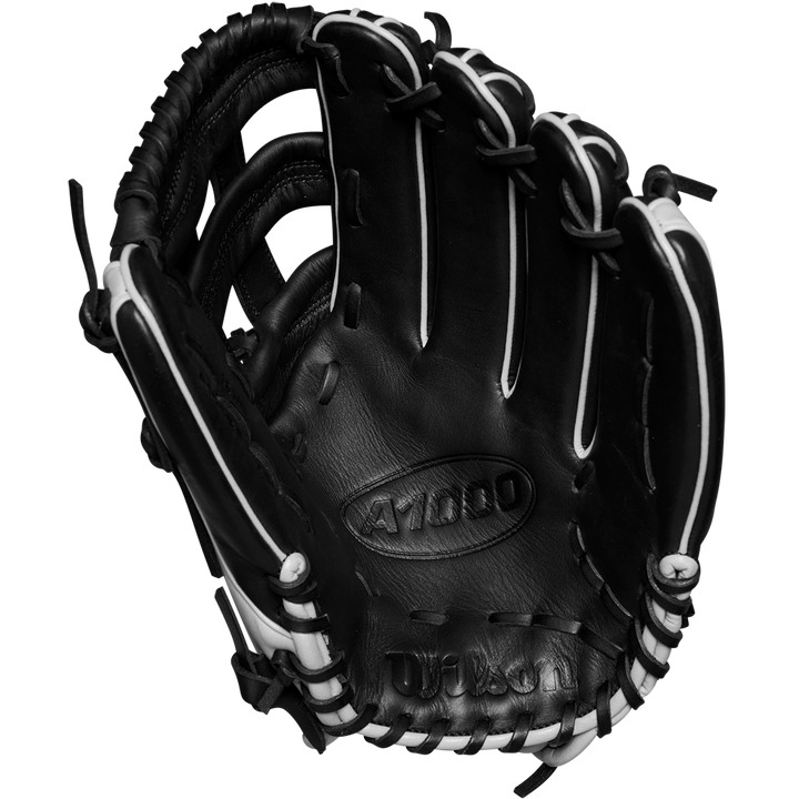 The Wilson A1000 1750 12.5" Baseball Glove (WBW102585125) is a black full grain leather outfield glove with white laces and visible stitching, featuring the Wilson brand and model embossed on the palm.