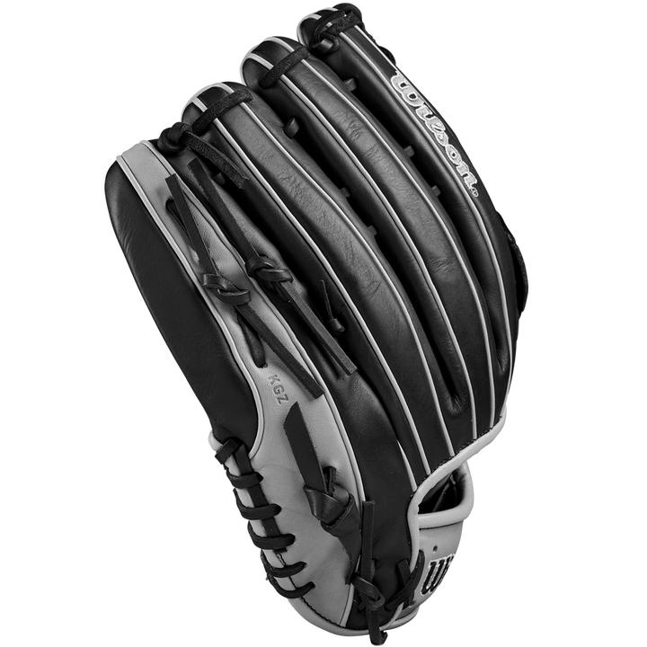 The Wilson A1000 1750 12.5" Baseball Glove (WBW102585125) is a black and gray full-grain leather outfield glove with visible stitching and the Wilson logo on top, displayed against a plain white background.