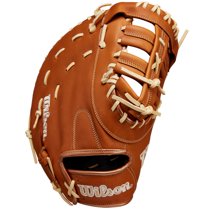 The Wilson A1000 1620 12.5" First Base Mitt (WBW102587125) features full-grain leather, tan laces, an open web, and the Wilson logo stitched in white on the thumb and wrist strap.