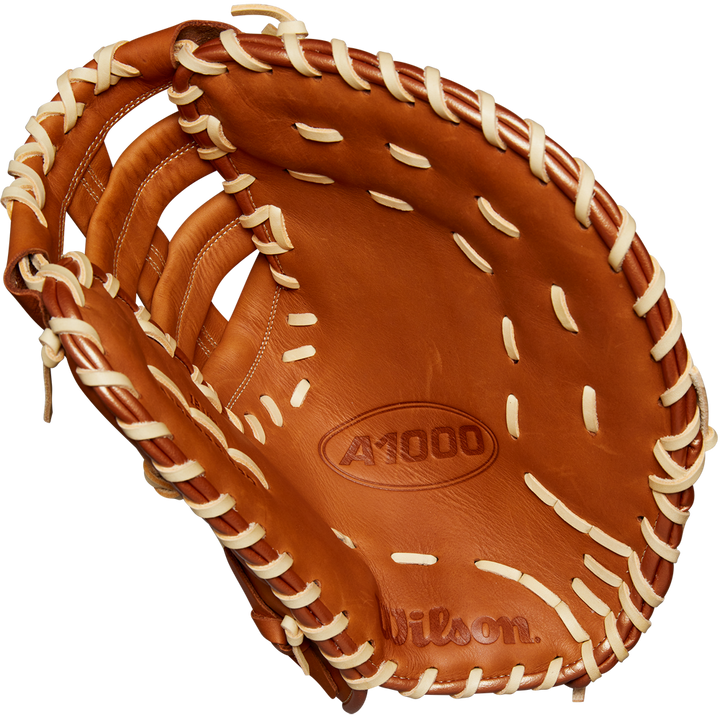 A close-up of the Wilson A1000 1620 12.5" First Base Mitt (WBW102587125) crafted from full-grain leather by Wilson.
