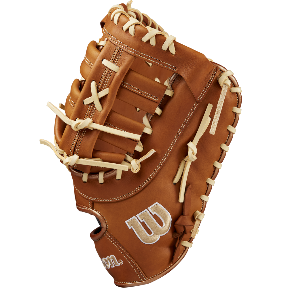 The Wilson A1000 1620 12.5" Baseball First Base Mitt (WBW102587125) features brown Full Grain leather, cream laces, and a white stitched W logo, displayed to highlight its webbing and stitching details.
