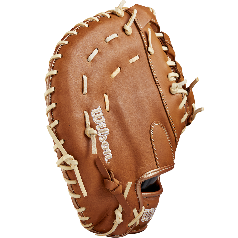 A Wilson A1000 1620 12.5" first base mitt (WBW102587125) by Wilson, featuring full grain leather with white stitching and laces, displayed on a plain white background.