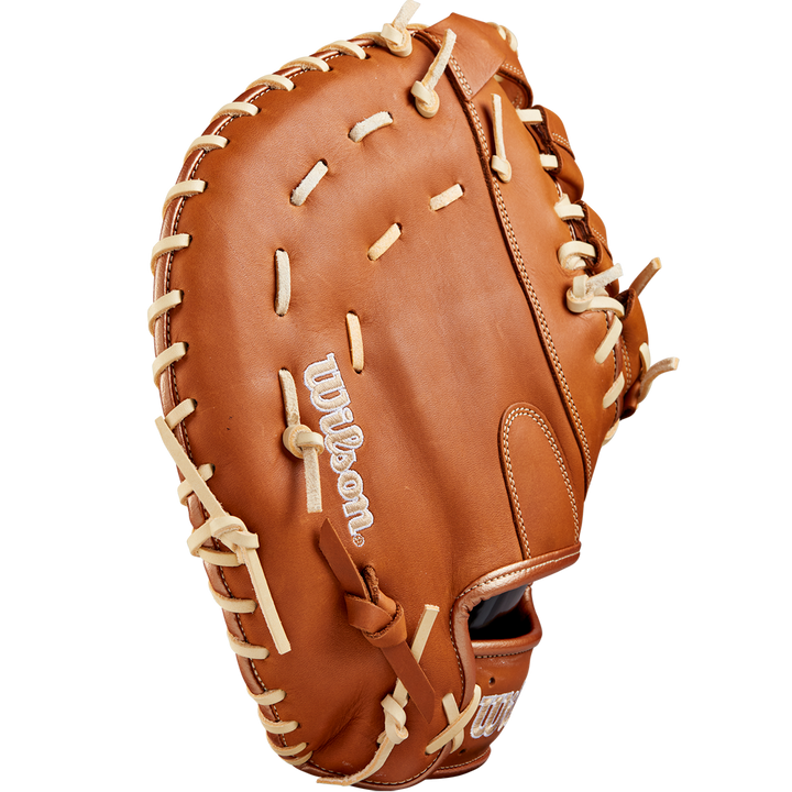 A Wilson A1000 1620 12.5" first base mitt (WBW102587125) by Wilson, featuring full grain leather with white stitching and laces, displayed on a plain white background.
