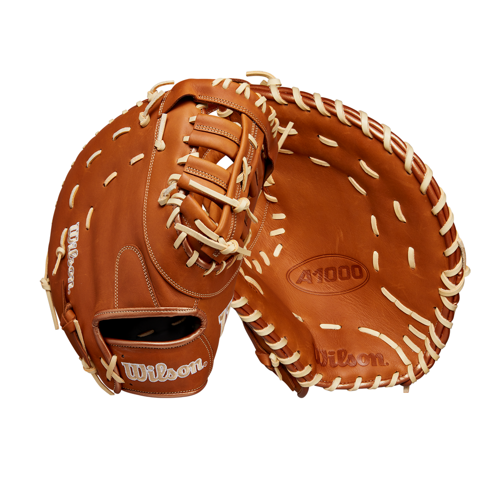 The Wilson A1000 1620 12.5" Baseball First Base Mitt (WBW102587125) by Wilson is crafted from brown full grain leather with white laces, and is shown front and back against a plain white background.