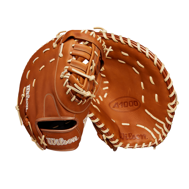 The Wilson A1000 1620 12.5" Baseball First Base Mitt (WBW102587125) by Wilson is crafted from brown full grain leather with white laces, and is shown front and back against a plain white background.