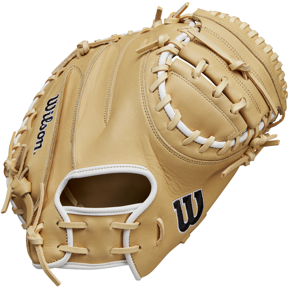 The Wilson A1000 CM33 33" Baseball Catcher's Mitt (WBW10258933) features a tan full grain leather build with white lacing and black Wilson logos, displayed against a plain white background.