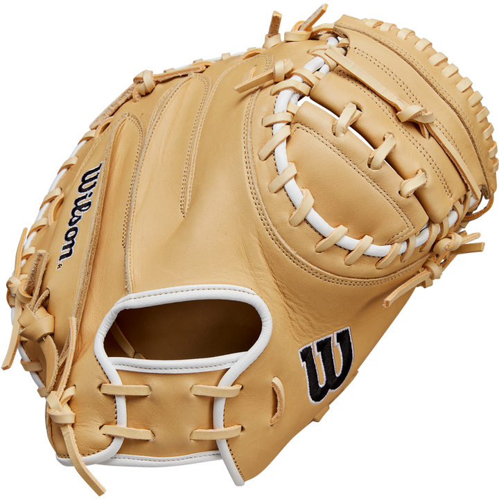 The Wilson A1000 CM33 33" Baseball Catcher's Mitt (WBW10258933) features a tan full grain leather build with white lacing and black Wilson logos, displayed against a plain white background.