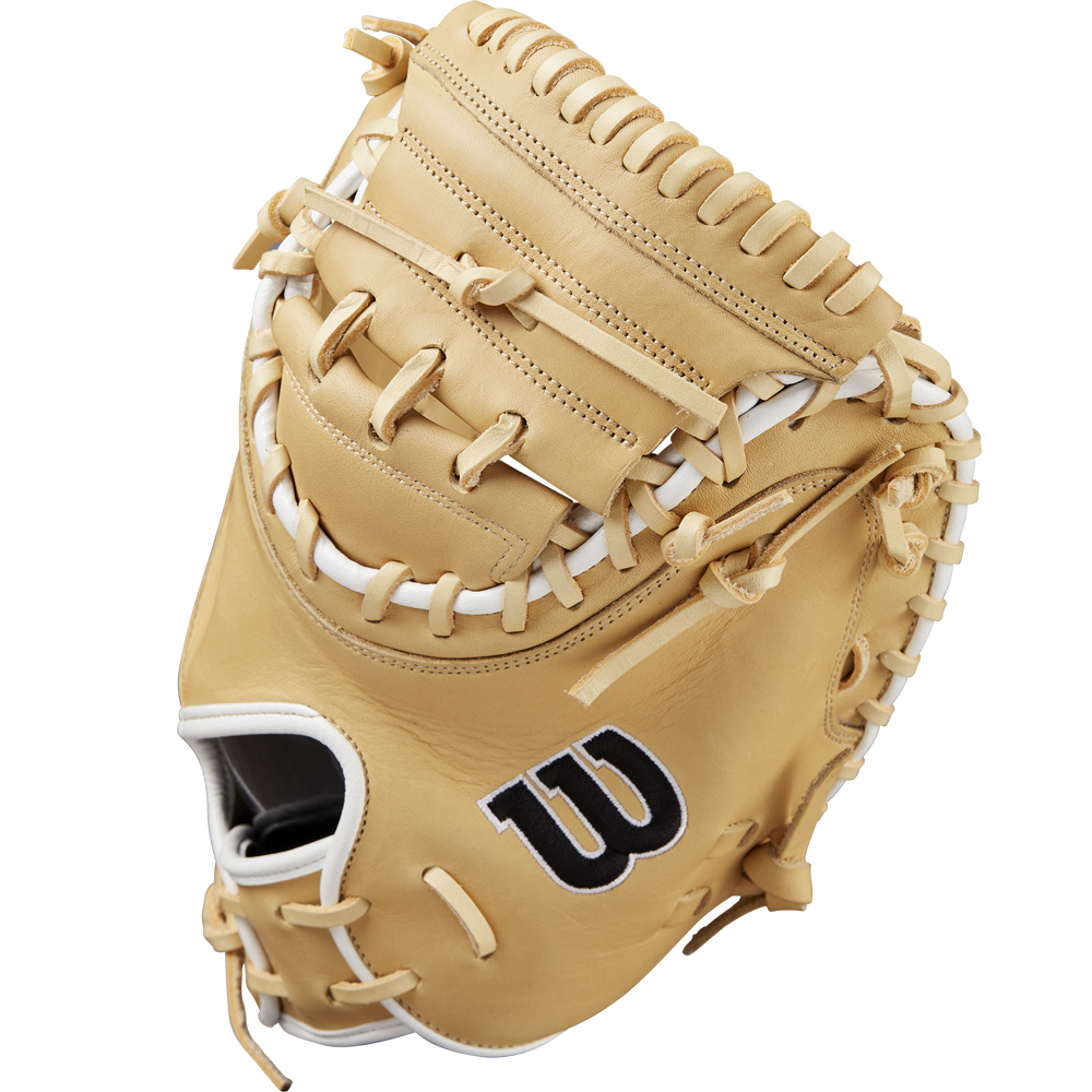 The Wilson A1000 CM33 33" Baseball Catcher's Mitt (WBW10258933) features tan full grain leather, white laces, and a black W logo on the side, displayed against a plain white background.