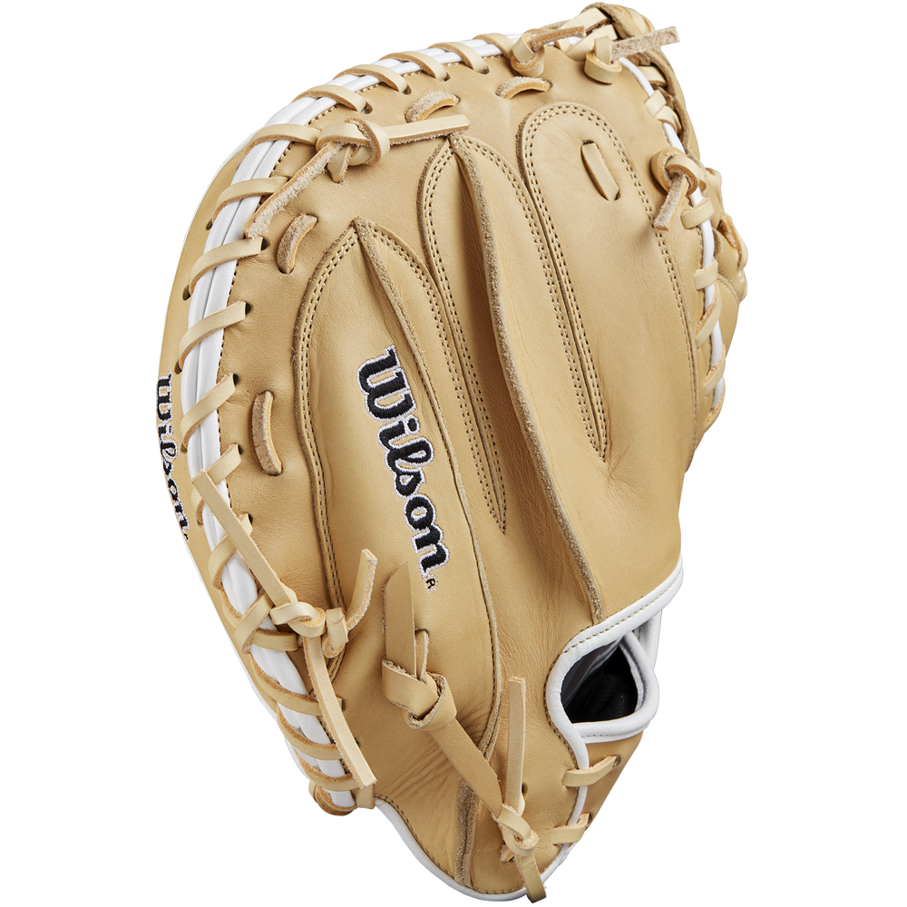 The Wilson A1000 CM33 33" Catcher's Mitt by Wilson, crafted from Full Grain leather in tan with white lacing and a dark blue stitched Wilson logo on the palm, is displayed against a plain white background.