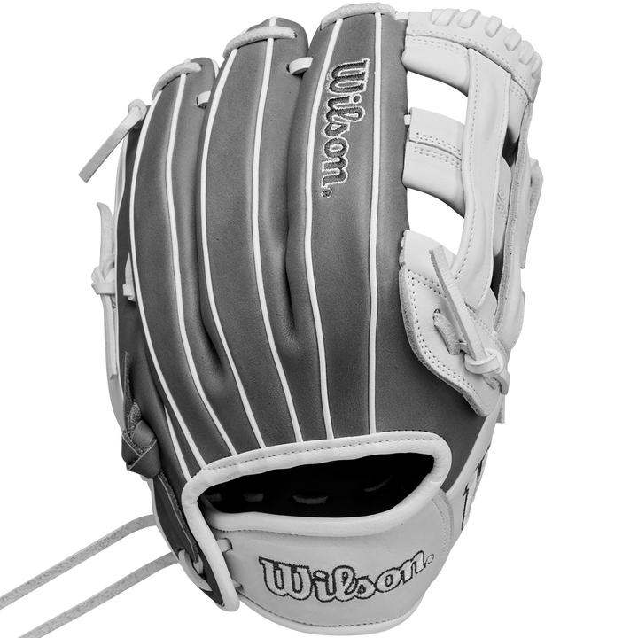 The Wilson A1000 IF12 12" Fastpitch Glove (WBW10259112) is a gray and white leather infield glove with white stitching, embroidered Wilson logos, side lacing, and webbing—perfect for fastpitch softball.