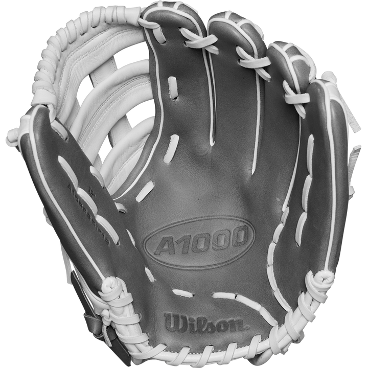 A close-up of the Wilson A1000 IF12 12" Fastpitch Glove (WBW10259112) shows its gray design with white laces, open palm, and webbing. The Wilson logo is embossed near the thumb area.