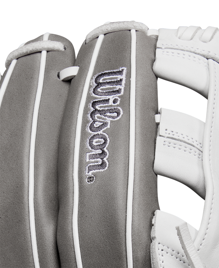 A close-up of the Wilson A1000 IF12 12" Fastpitch Glove (WBW10259112) by Wilson, crafted from Full Grain leather.